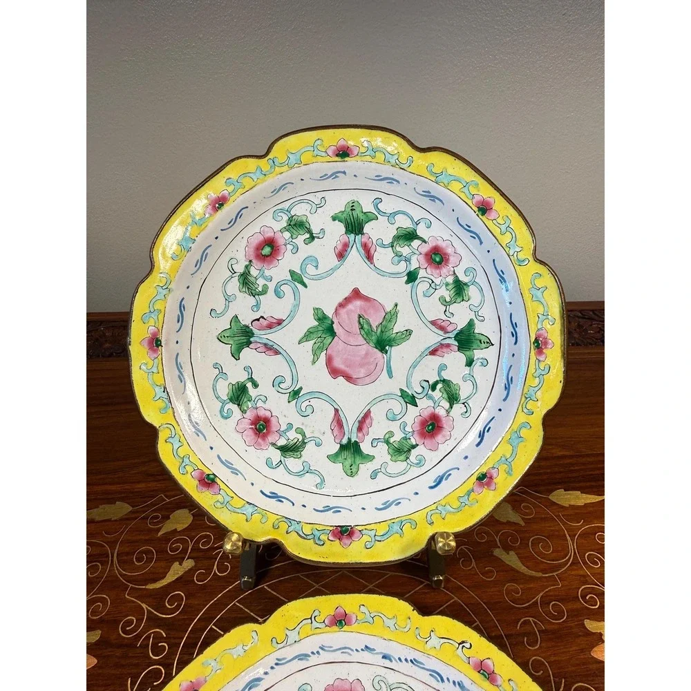 Pair Vintage Chinese Canton Enamel Copper Plates Peach Floral 6